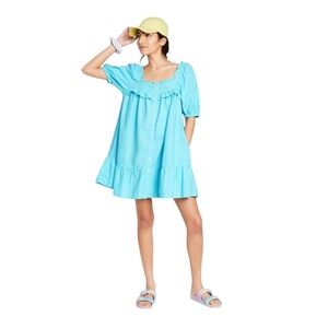 Stoney Clover Lane x Target Aqua Blue Linen Ruffle Button Front Mini Dress Small